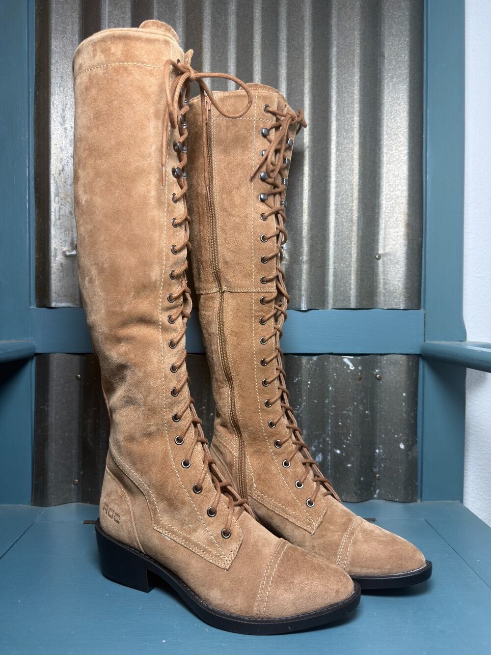 ROC Australia Bordeaux Suede Knee High Lace-Up Boots Tan Brown EU 35 US 5 Zip-Up